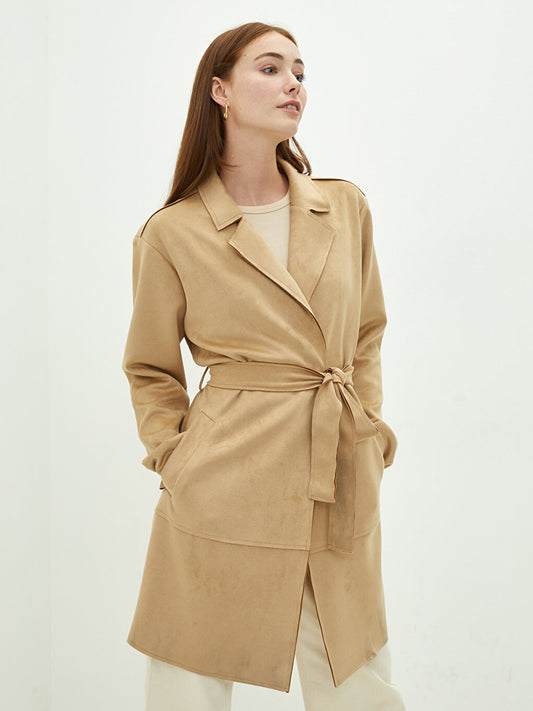 Jacket Collar Flat Waist Belted Pocket Detailed Long Sleeve Suede Fabric Women's Trench Coat