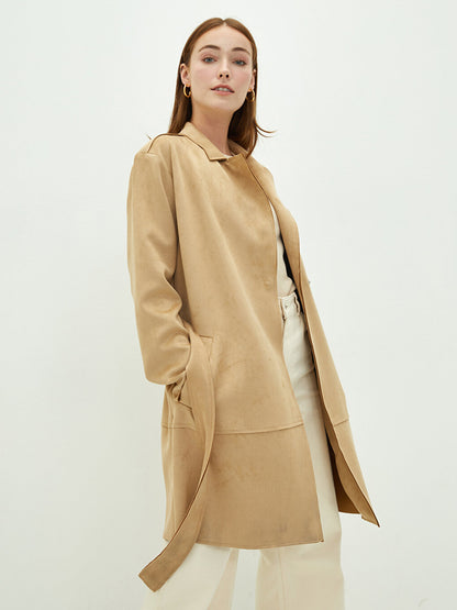 Jacket Collar Flat Waist Belted Pocket Detailed Long Sleeve Suede Fabric Women's Trench Coat