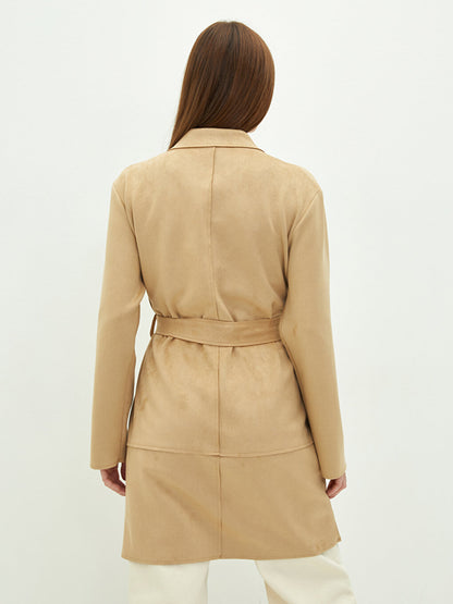 Jacket Collar Flat Waist Belted Pocket Detailed Long Sleeve Suede Fabric Women's Trench Coat