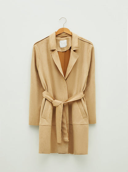 Jacket Collar Flat Waist Belted Pocket Detailed Long Sleeve Suede Fabric Women's Trench Coat