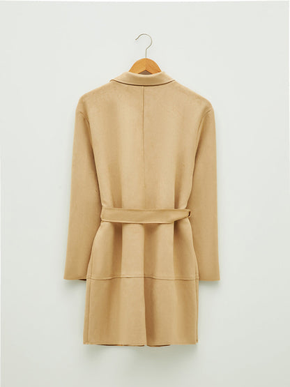 Jacket Collar Flat Waist Belted Pocket Detailed Long Sleeve Suede Fabric Women's Trench Coat