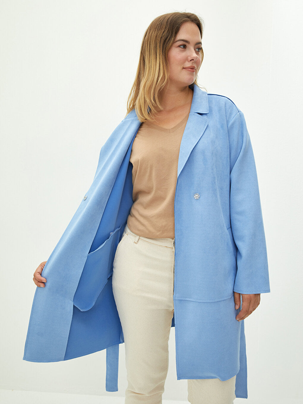 Jacket Collar Flat Waist Belted Pocket Detailed Long Sleeve Suede Fabric Women's Trench Coat