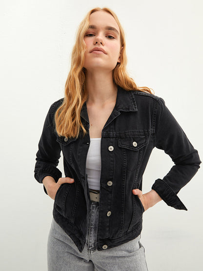 Shirt Collar Straight Pocket Detailed Long Sleeve Women's Rodeo Jean Jacket