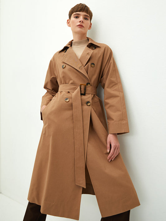 Jacket Collar Straight Long Sleeve Belted Waist Cotton Women's Trench Coat