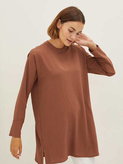 Crew Neck Plain Long Sleeve Oversize Medina Silk Fabric Women's Tunic