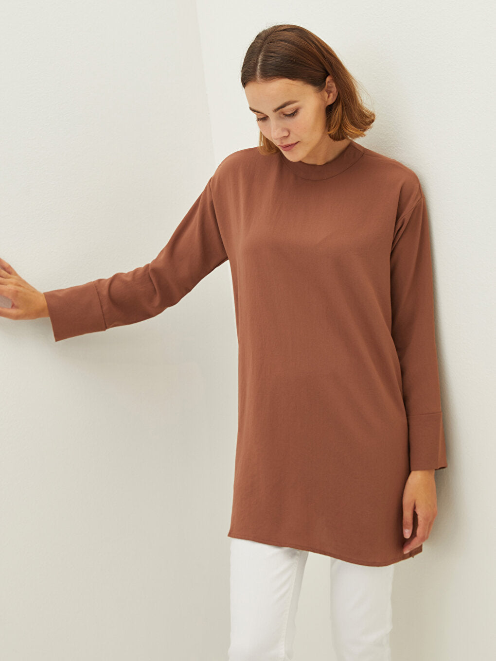 Crew Neck Plain Long Sleeve Oversize Medina Silk Fabric Women's Tunic