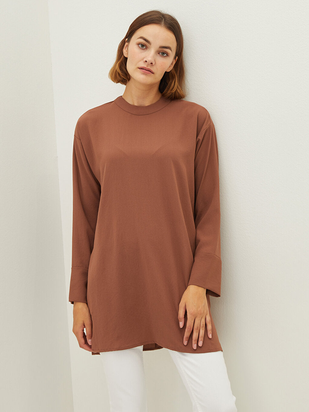 Crew Neck Plain Long Sleeve Oversize Medina Silk Fabric Women's Tunic