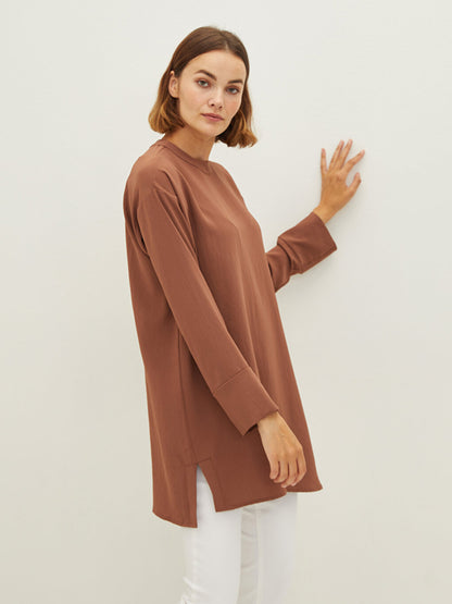 Crew Neck Plain Long Sleeve Oversize Medina Silk Fabric Women's Tunic