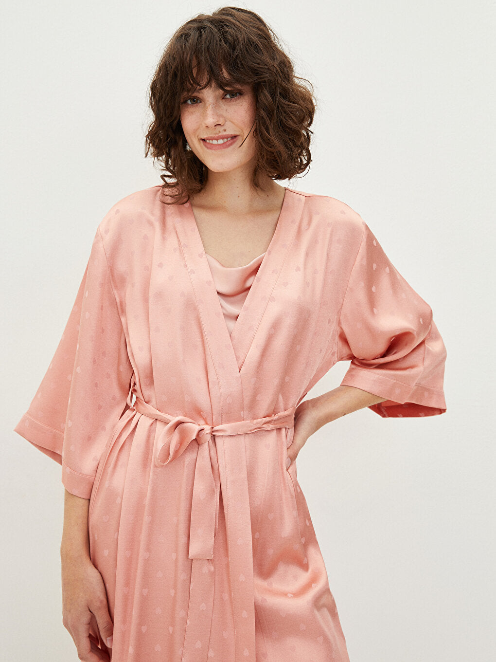 Double Breasted Neckline Heart Tie Detailed Satin Women's Dressing Gown