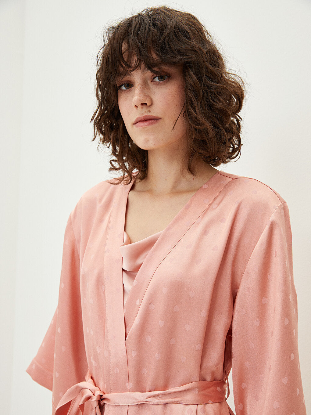 Double Breasted Neckline Heart Tie Detailed Satin Women's Dressing Gown