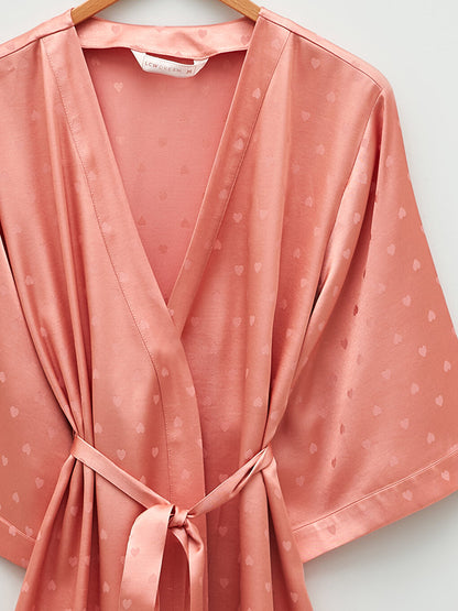 Double Breasted Neckline Heart Tie Detailed Satin Women's Dressing Gown