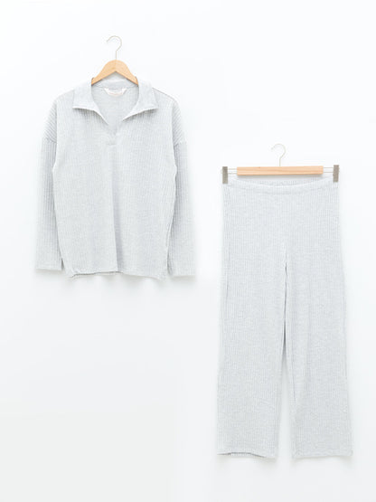 Loose Collar Plain Long Sleeve Women's Pajama Set