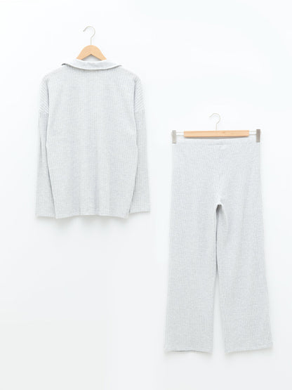 Loose Collar Plain Long Sleeve Women's Pajama Set