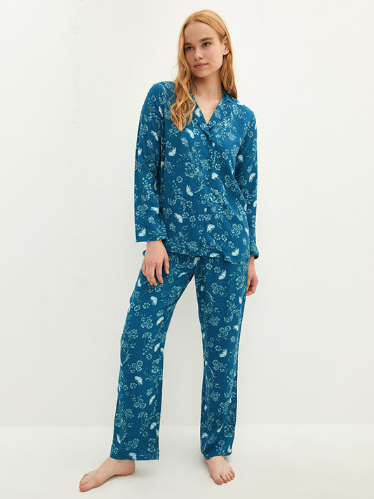 Shirt Collar Printed Long Sleeve Viscose Women's Pajama Set