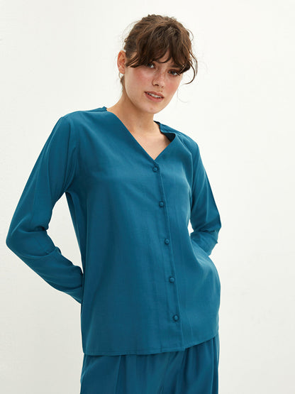 V-Neck Plain Long Sleeve Women's Pajama Set