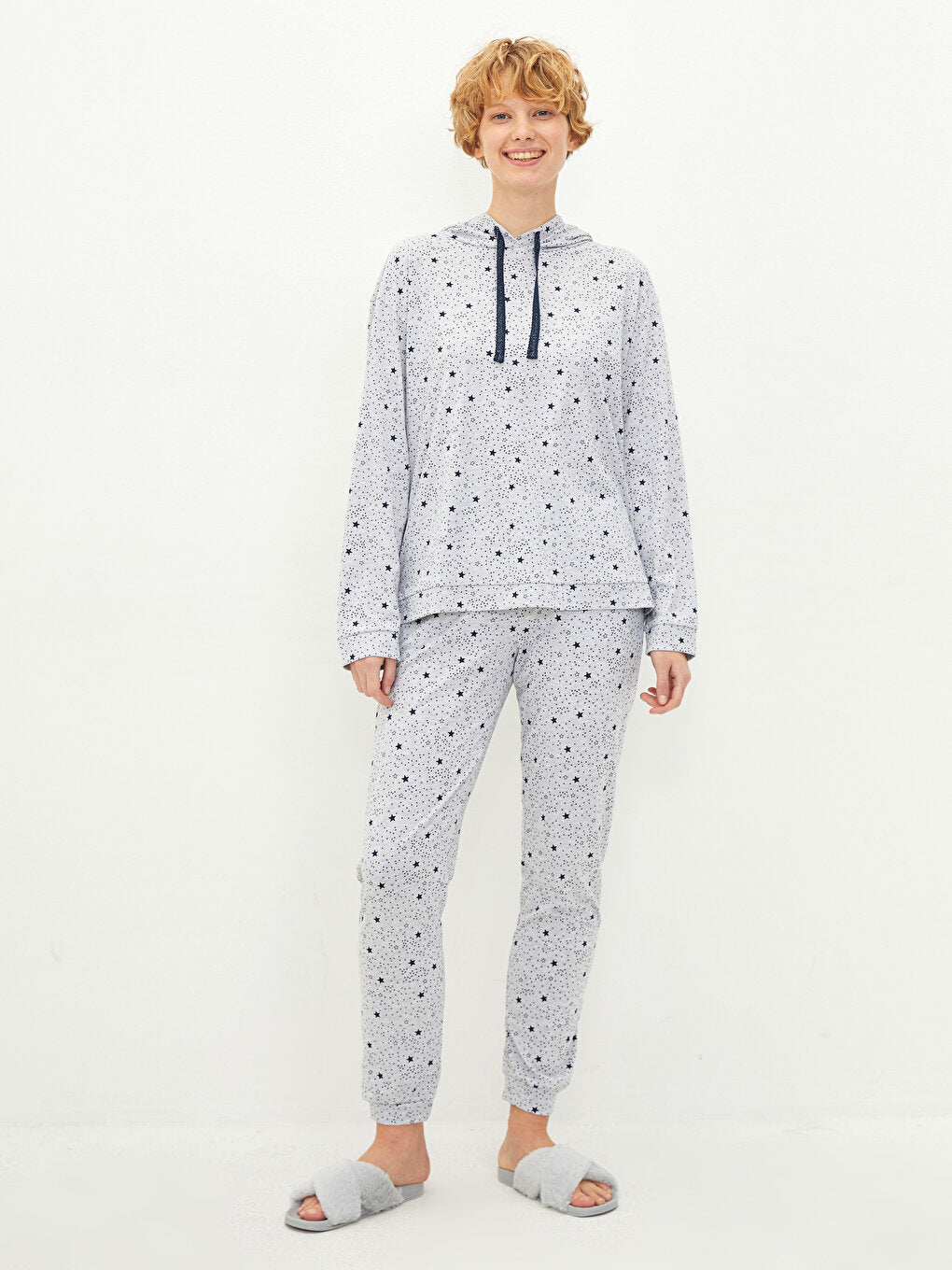 Hooded Star Patterned Long Sleeve Women's Pajama Set