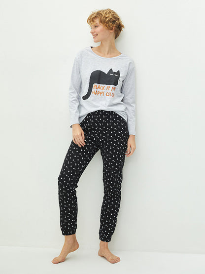 Crew Neck Printed Long Sleeve Women's Pajama Set