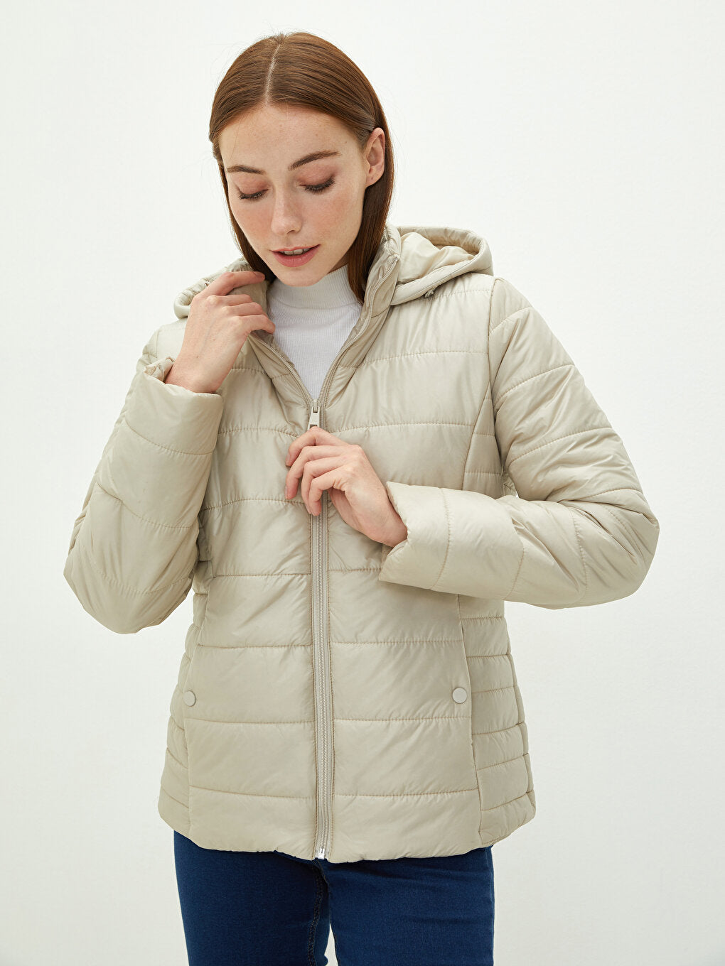 Hooded Plain Pocket Detailed Long Sleeve Slim Women's Puffer Coat