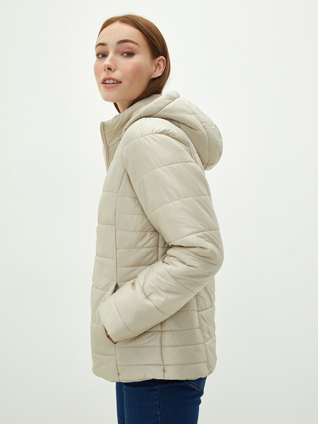 Hooded Plain Pocket Detailed Long Sleeve Slim Women's Puffer Coat