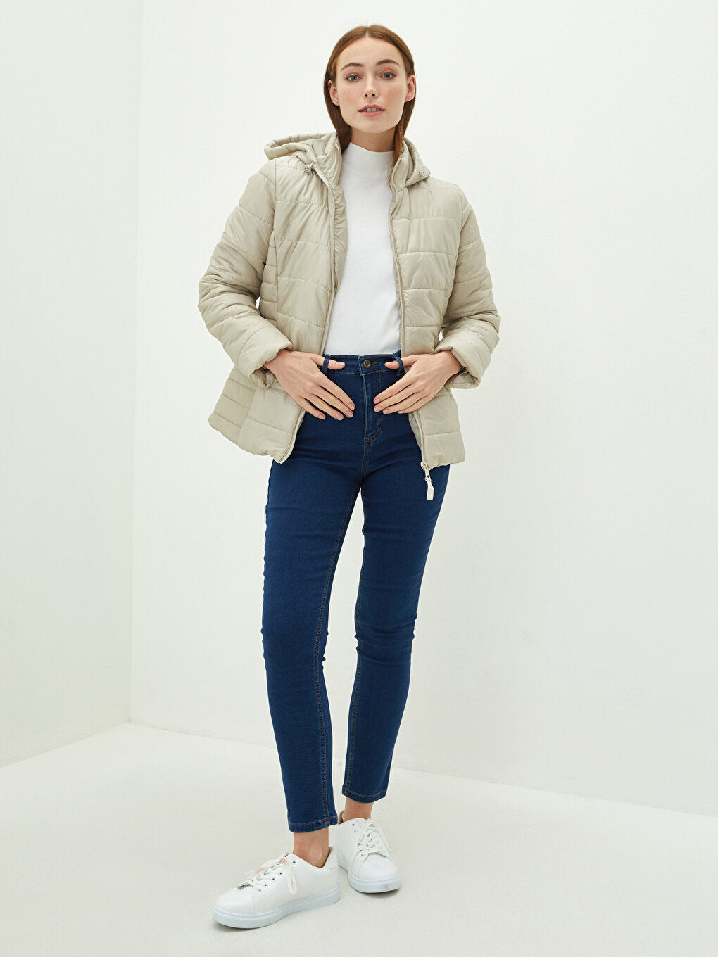 Hooded Plain Pocket Detailed Long Sleeve Slim Women's Puffer Coat