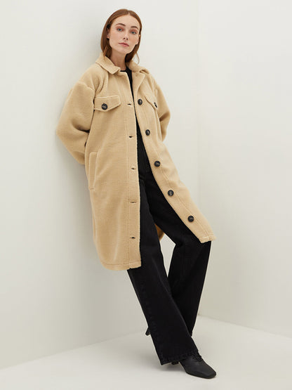 Shirt Collar Plain Long Sleeve Pocket Detailed Thick Women's Cashmere Coat