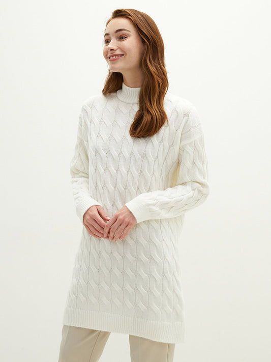 Half Turtleneck Long Sleeve Self-Patterned Women's Knitwear Tunic