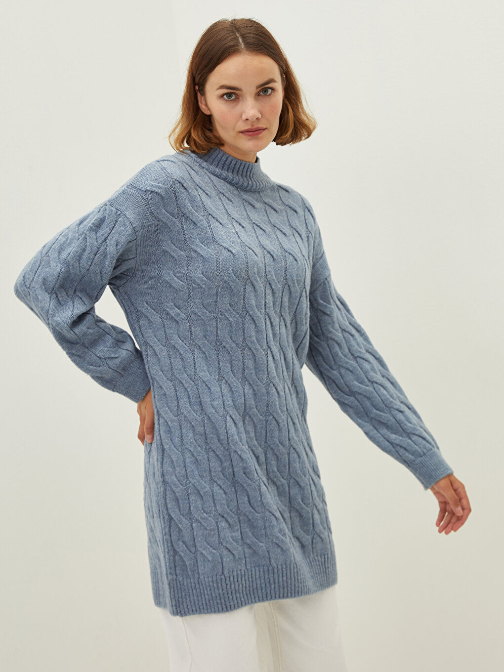 Half Turtleneck Long Sleeve Self-Patterned Women's Knitwear Tunic