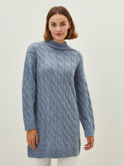 Half Turtleneck Long Sleeve Self-Patterned Women's Knitwear Tunic