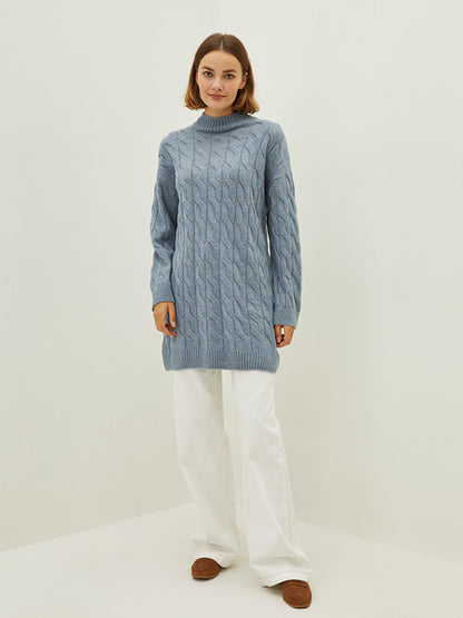 Half Turtleneck Long Sleeve Self-Patterned Women's Knitwear Tunic