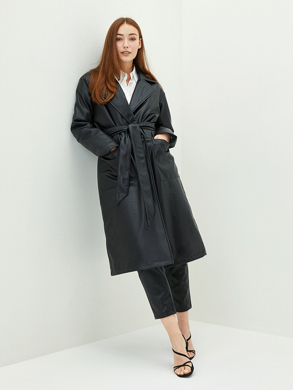 Jacket Collar Straight Pocket Detailed Long Sleeve Slim Women's Leather Look Coat