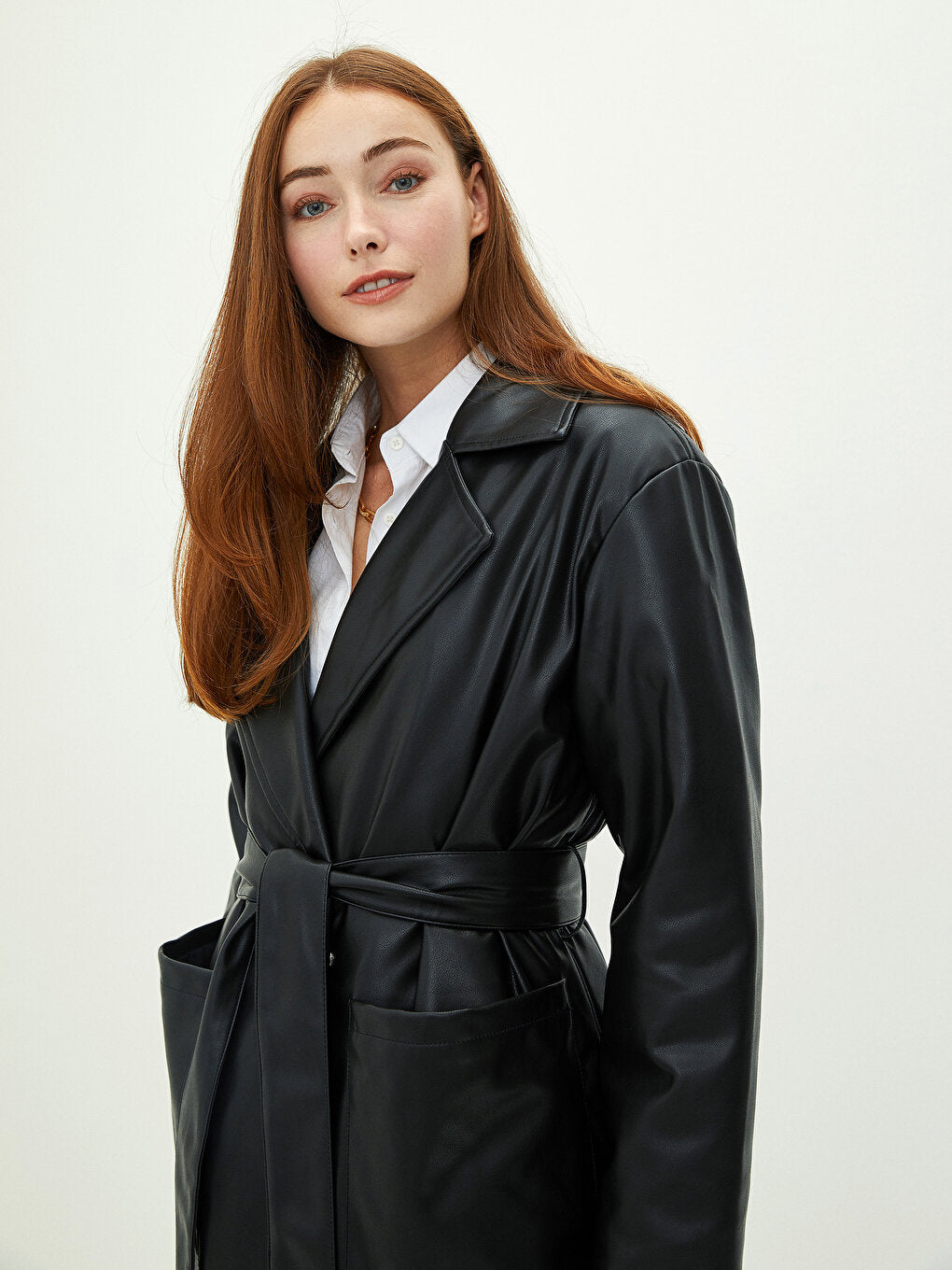 Jacket Collar Straight Pocket Detailed Long Sleeve Slim Women's Leather Look Coat