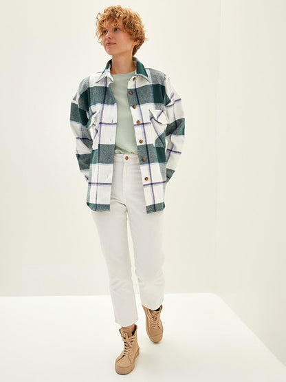 Front Button Closure Plaid Long Sleeve Gabardine Fabric Women's Lumberjack Shirt Jacket