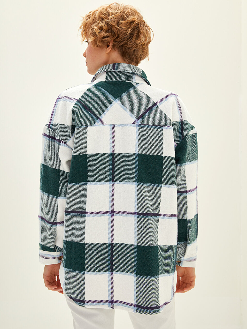 Front Button Closure Plaid Long Sleeve Gabardine Fabric Women's Lumberjack Shirt Jacket