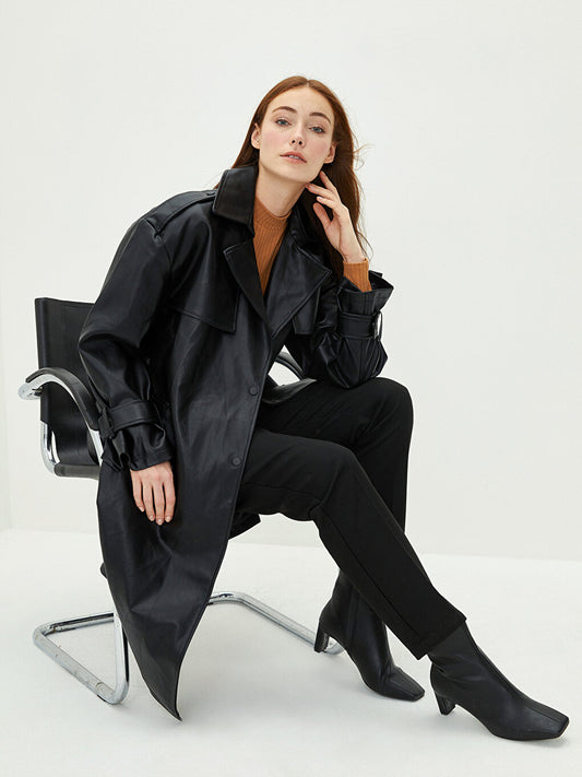 Jacket Collar Plain Long Sleeve Women's Leather Look Coat