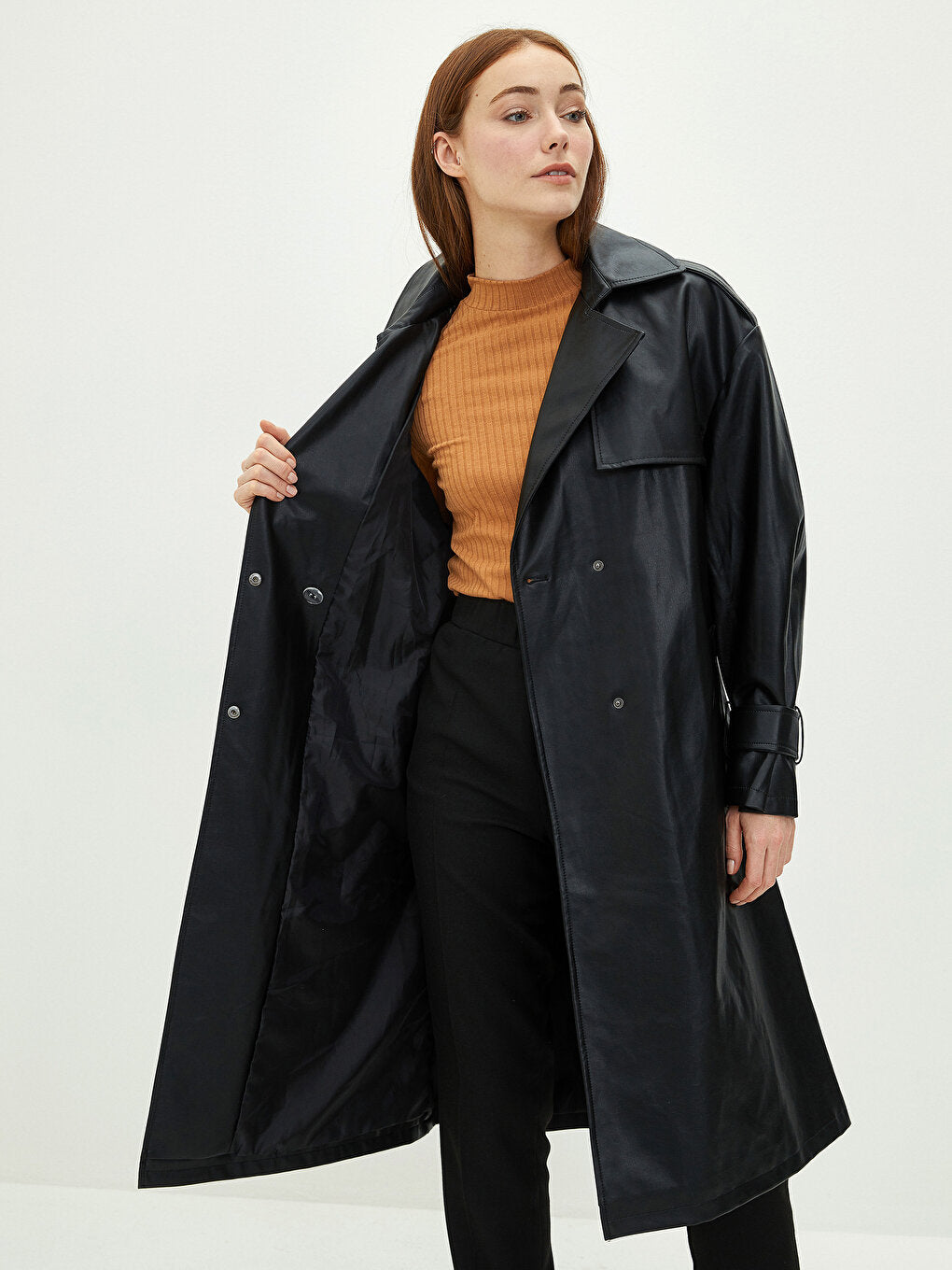 Jacket Collar Plain Long Sleeve Women's Leather Look Coat