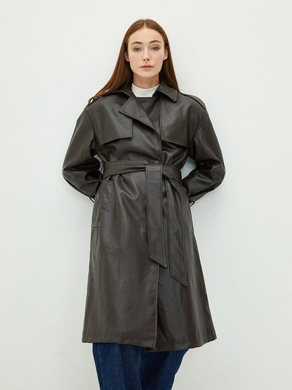 Jacket Collar Plain Long Sleeve Women's Leather Look Coat