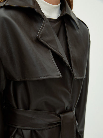 Jacket Collar Plain Long Sleeve Women's Leather Look Coat