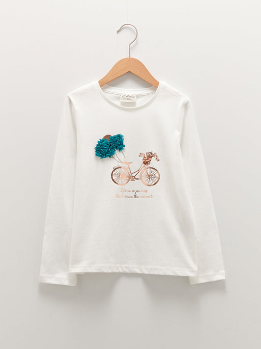 Crew Neck Printed Long Sleeve Cotton Girls' T-Shirt