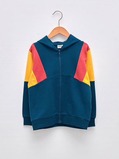 Hooded Color Blocked Long Sleeve Boys Zipper Sweatshirt