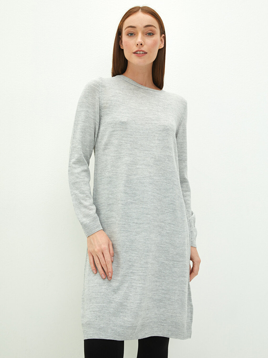 Crew Neck Plain Long Sleeve Women's Knitwear Tunic