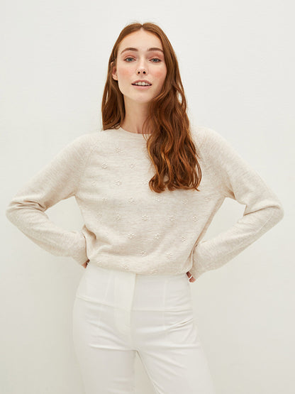 Crew Neck Embroidered Long Sleeve Women's Knitwear Sweater