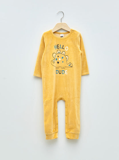 Crew Neck Long Sleeve Printed Velvet Baby Boy Jumpsuit