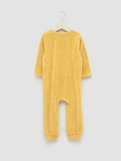 Crew Neck Long Sleeve Printed Velvet Baby Boy Jumpsuit