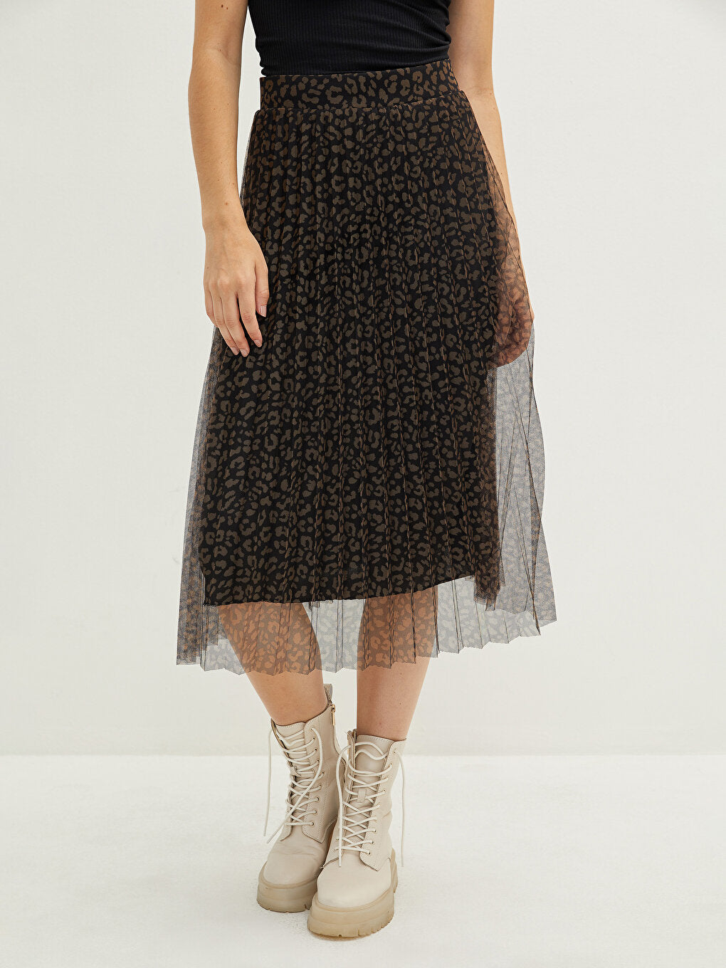 Patterned Tulle Women's Pleated Skirt with Elastic Waist