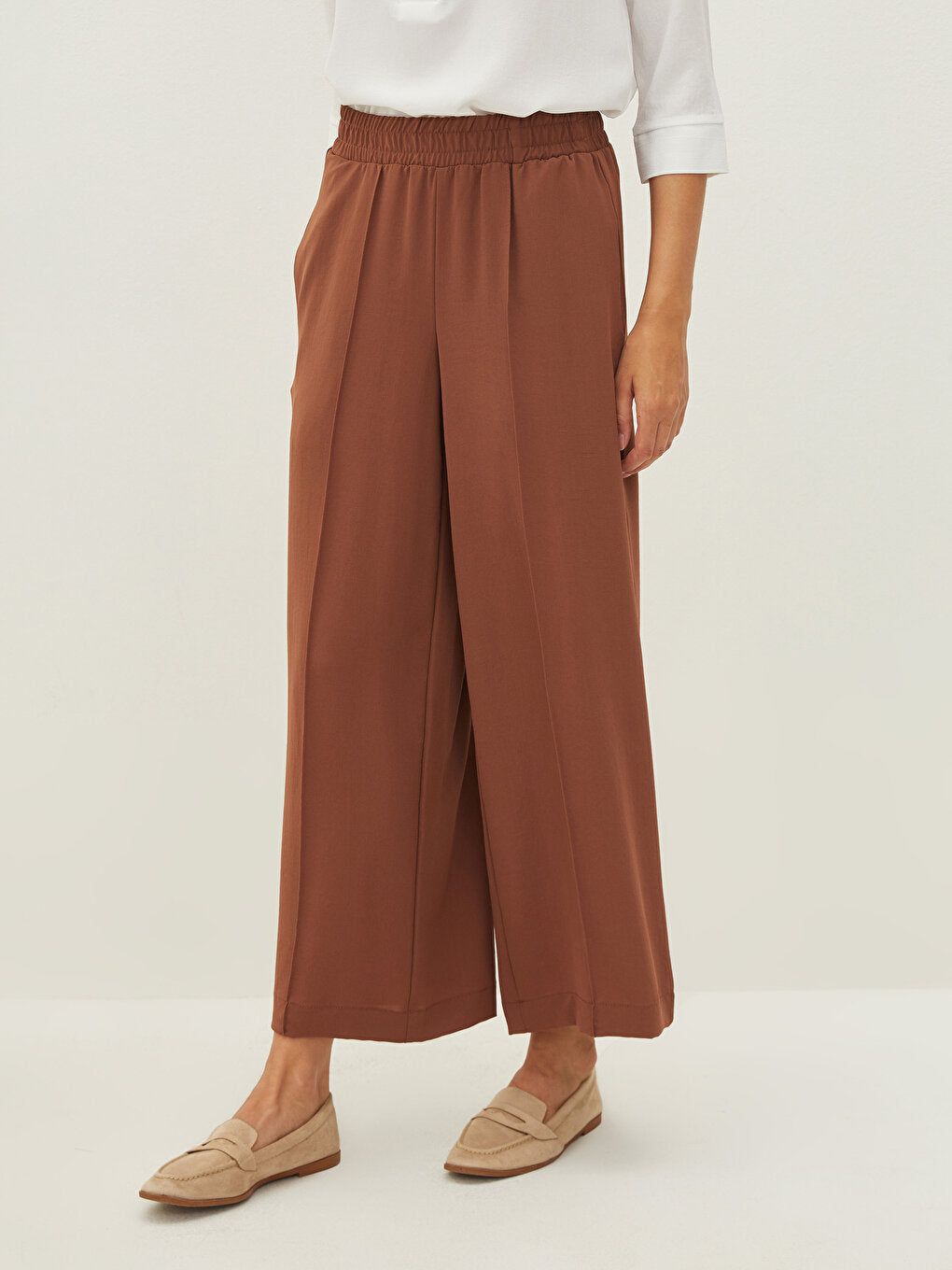 Elastic Waist Loose Fit Women's Palazzo Pants with Pocket Detail