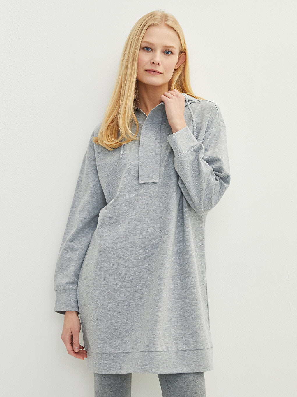 Hooded Plain Long Sleeve Women's Sweatshirt Tunic