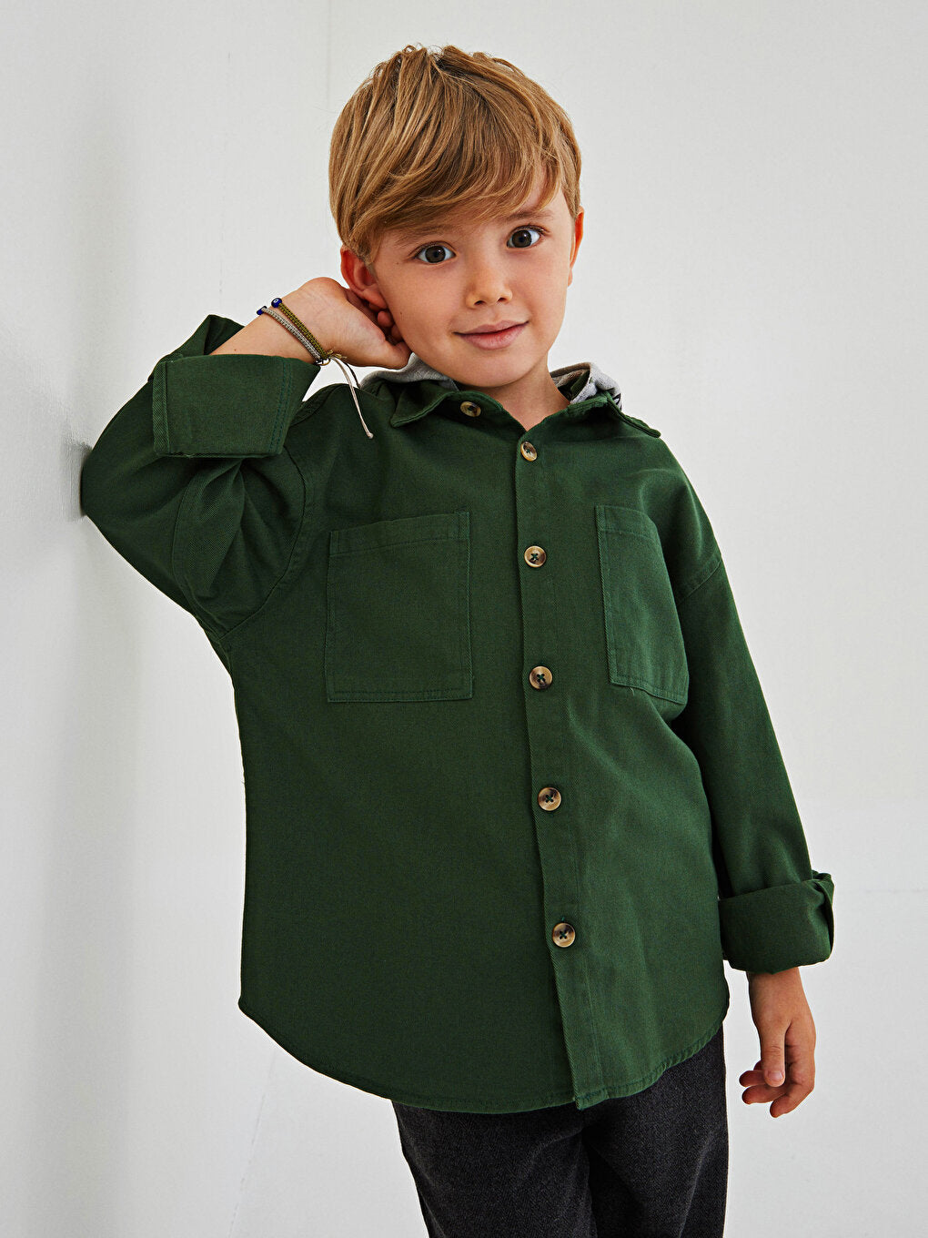 Hooded Printed Long Sleeve Gabardine Boy's Shirt