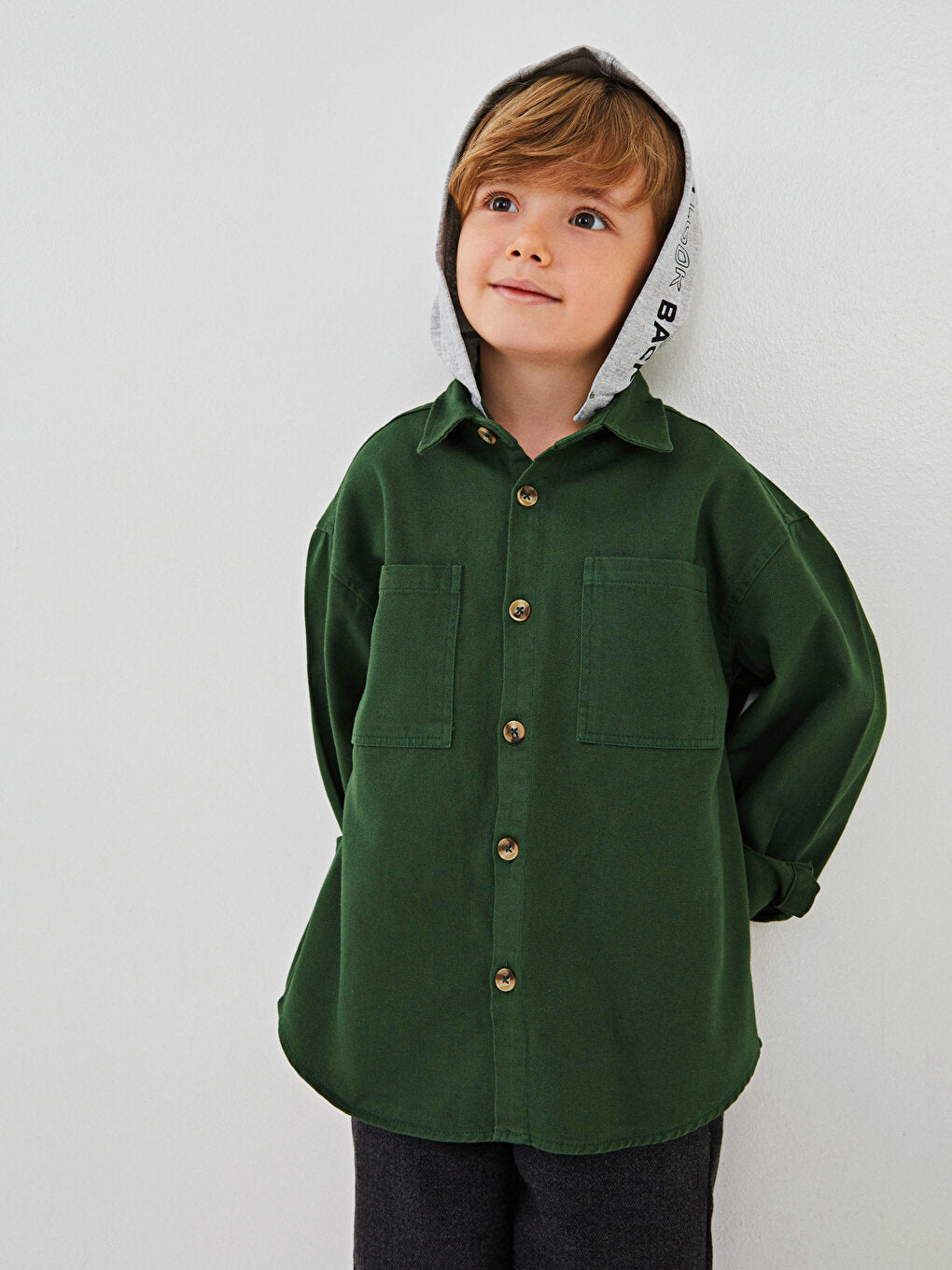 Hooded Printed Long Sleeve Gabardine Boy's Shirt