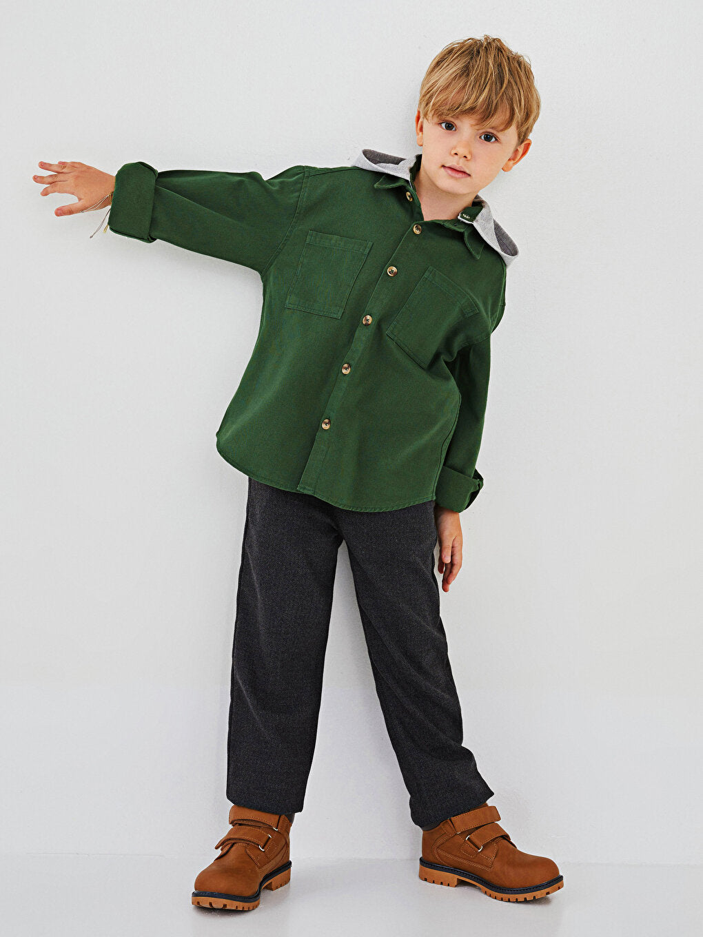 Hooded Printed Long Sleeve Gabardine Boy's Shirt