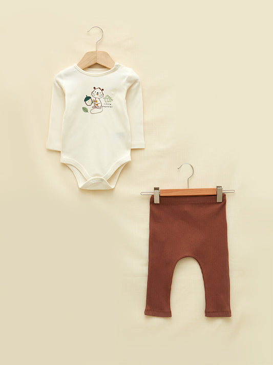 Crew Neck Long Sleeve Printed Organic Cotton Baby Boy Snap Fasten Body and Pants 2-Piece Set